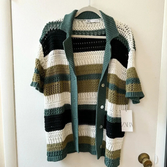 NWT Zara Oversized Knit Polo Sweater Short Sleeve Button Down Stripe Green S/M - Picture 1 of 7